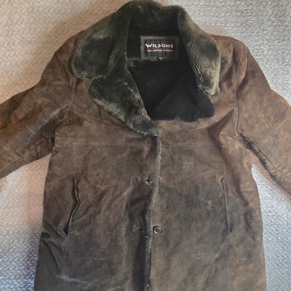 Wilsons Leather Brown Suede Faux Fur Lined Shearling Coat Womens Large Vintage - Picture 7 of 10